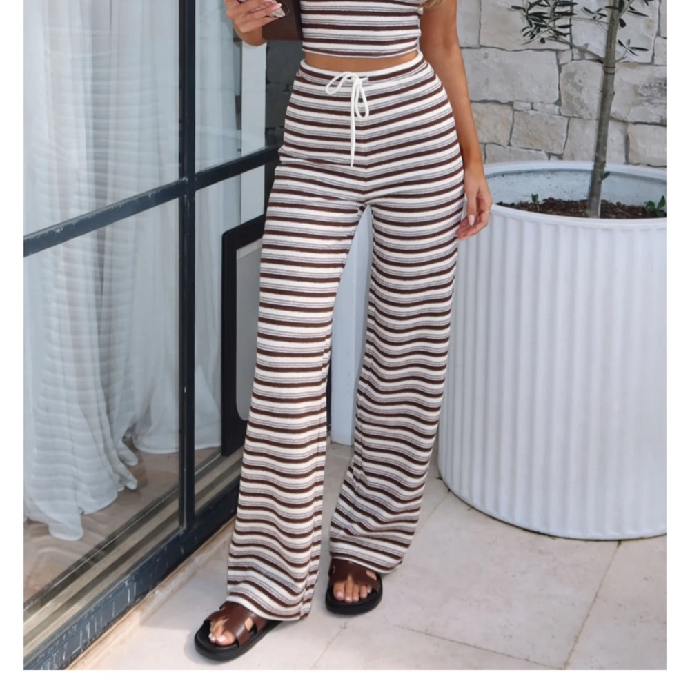 White Fox So Much Drama Striped Pants Brown White Sweats Loungewear Size XS